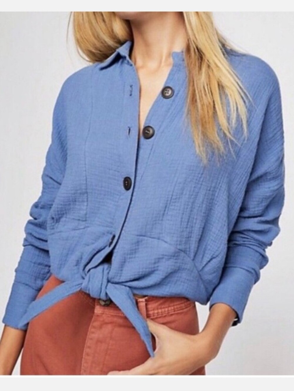 Free People Sun Streaks Tie-Front Gauze Button Down Shirt Blue Size Small S